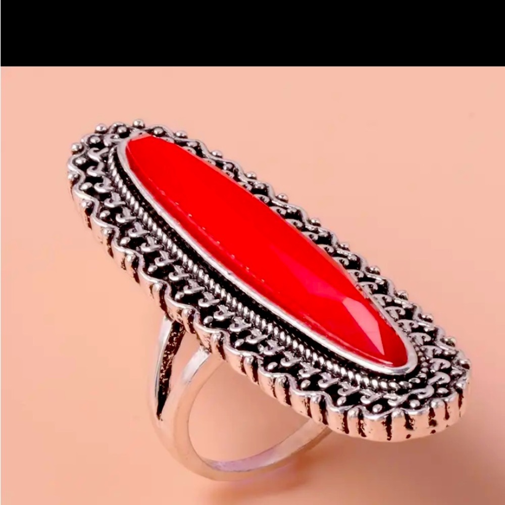 Red Three-dimensional Long Alloy Silvery Ring, Imiation Gemstone Decor Ring.